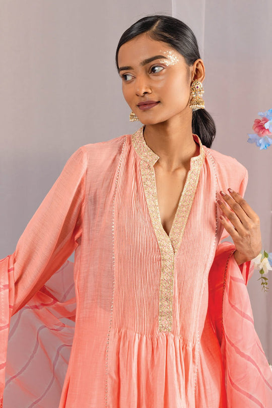 Coral Chanderi Pintucks Suit Set