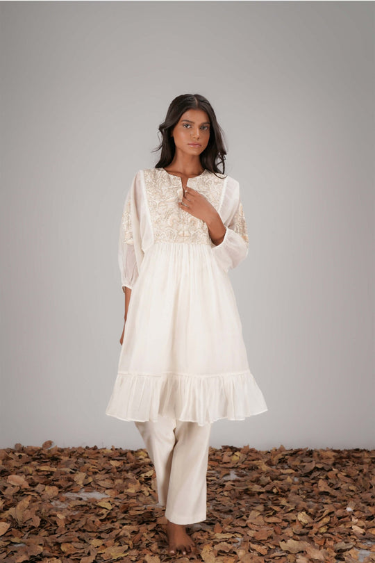 A Line Chanderi Short Kurta With Broad Yok and Frill
