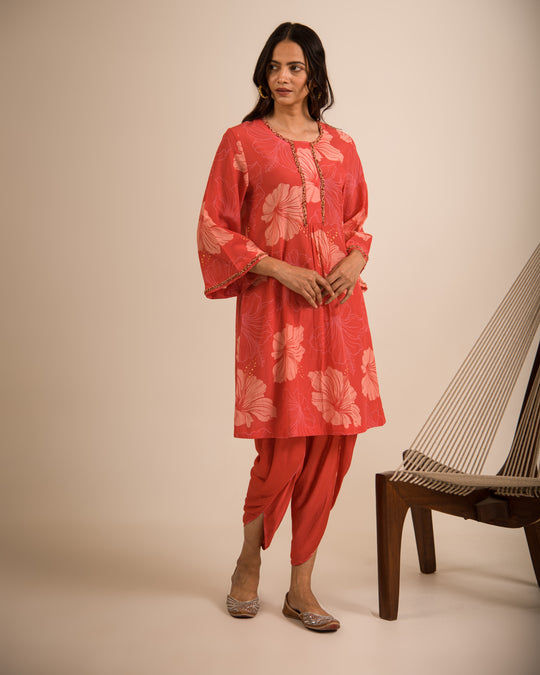 Red Floral kurta with dhoti